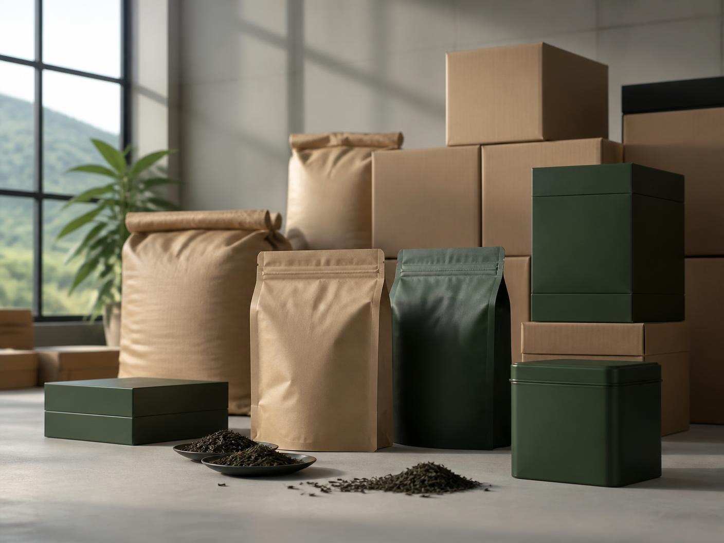 Unbranded kraft and dark green tea export packaging stacked in a clean warehouse beside loose Ceylon tea leaves